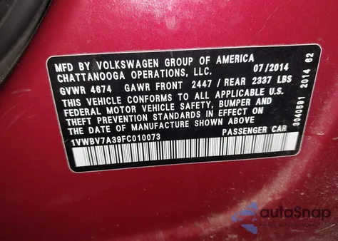 2015 Volkswagen Passat 2.0L Tdi Se z USA, uszkodzony, nr VIN 1VWBV7A39FC010073